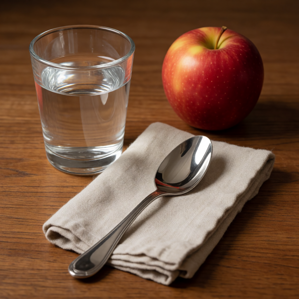 A still life on a wooden table featuring a clear glass of wa