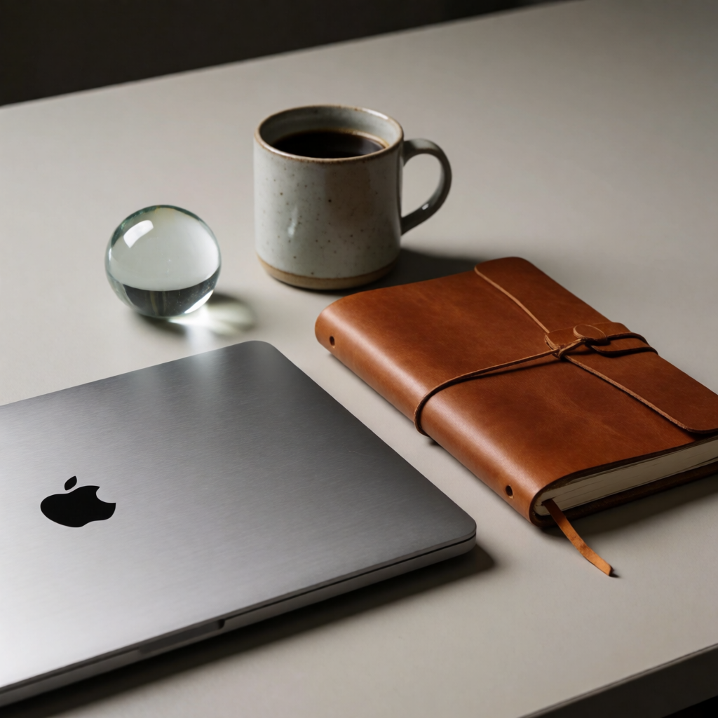 A workspace desk with a brushed aluminum laptop, a leather-b