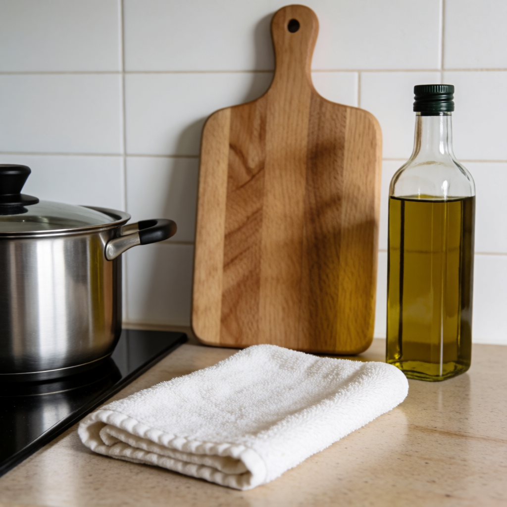 A kitchen counter with a stainless steel pot, a wooden cutti