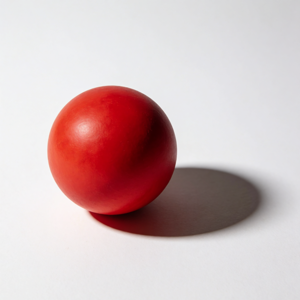 A red sphere on a white surface with a single shadow cast to