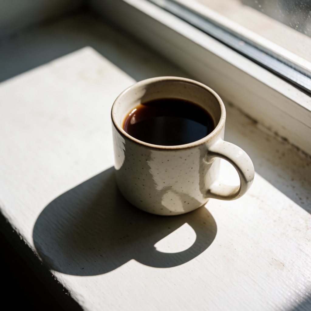 A coffee mug on a sunny windowsill casting a sharp shadow to