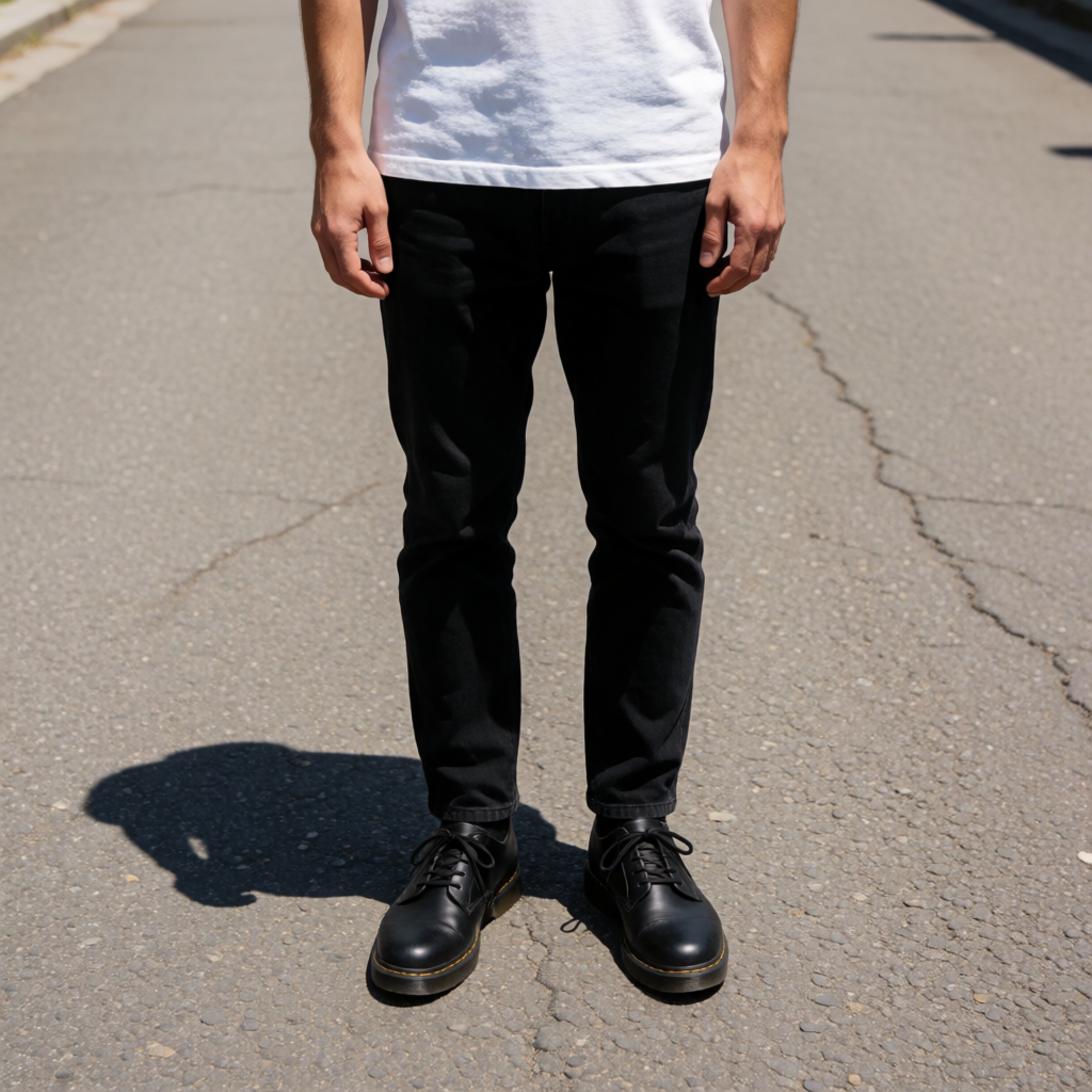 A person standing outdoors at midday with a short shadow dir