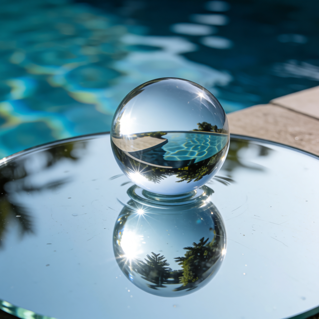 A clear glass sphere sitting on a mirror surface near a pool