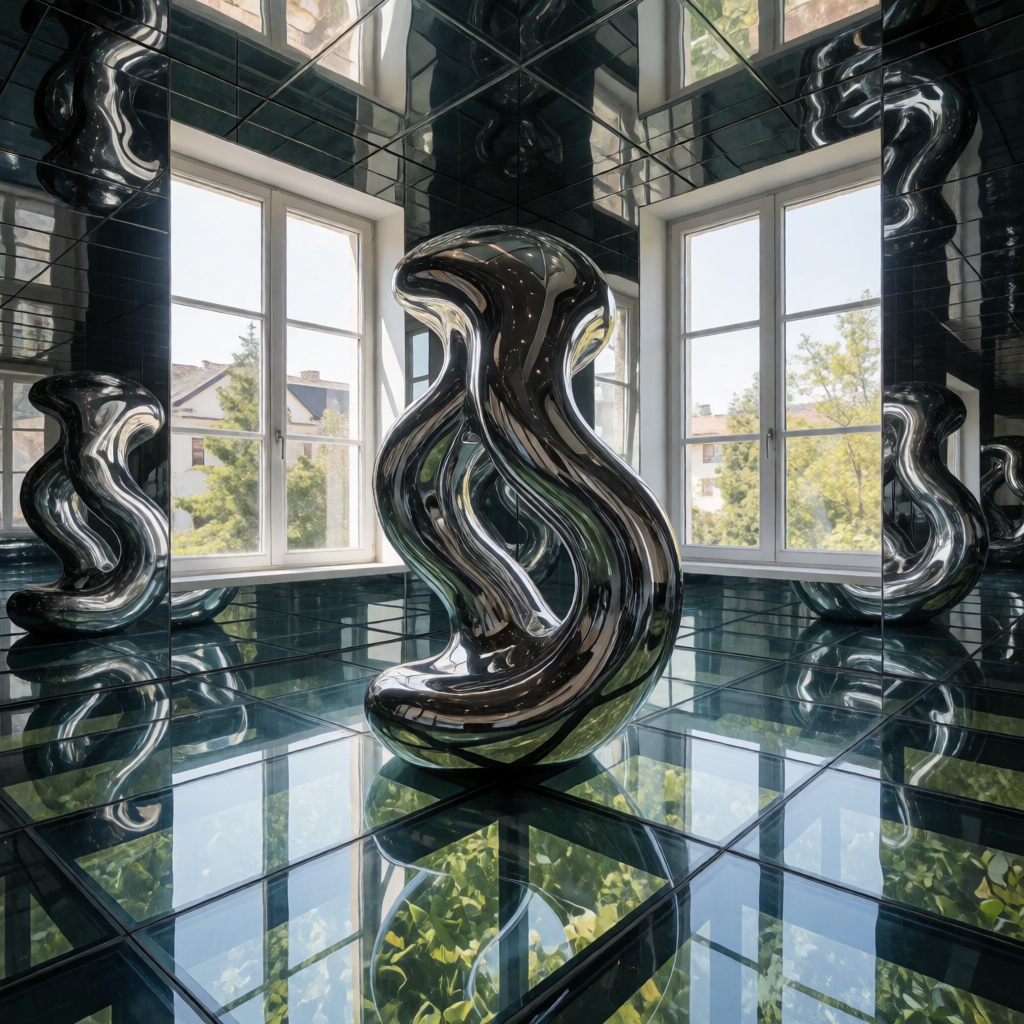 A chrome sculpture in a room with a glass floor and large wi