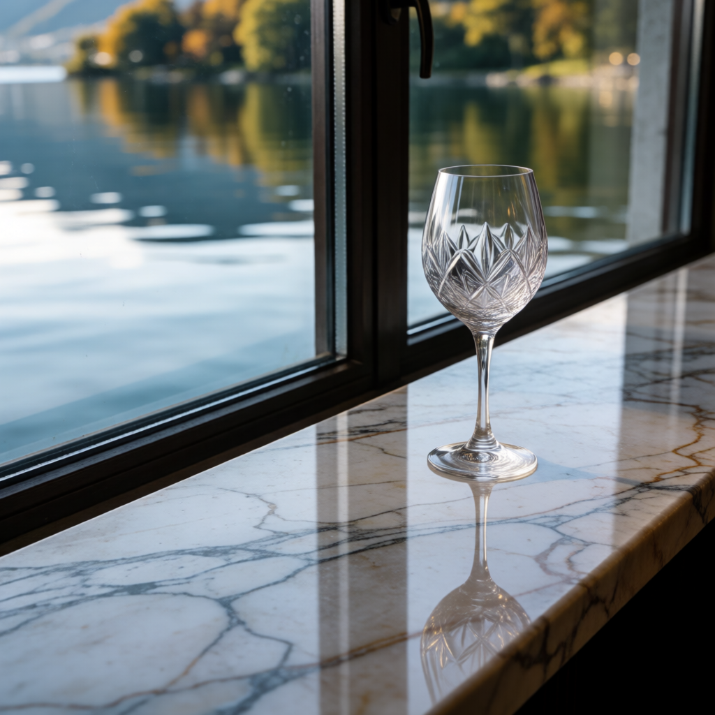 A crystal wine glass on a polished marble counter next to a 