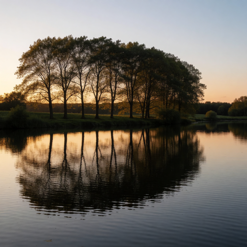 A row of trees reflected in a calm lake at sunset, with the 