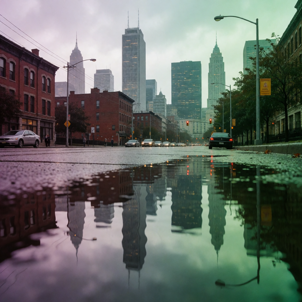 A city skyline reflected in a rain puddle on a street, with 