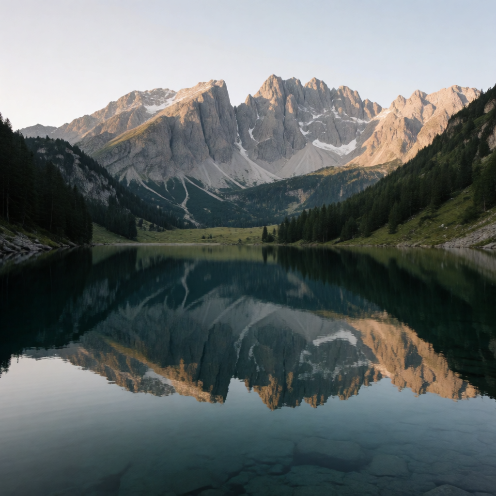 A mountain range reflected in a still alpine lake, with the 