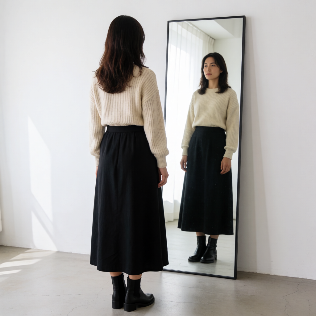 A woman standing in front of a full-length mirror, her refle