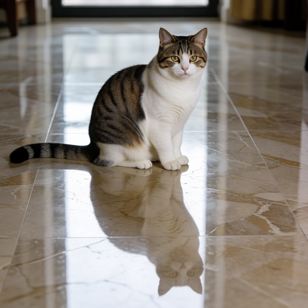 A cat sitting on a polished marble floor with its reflection