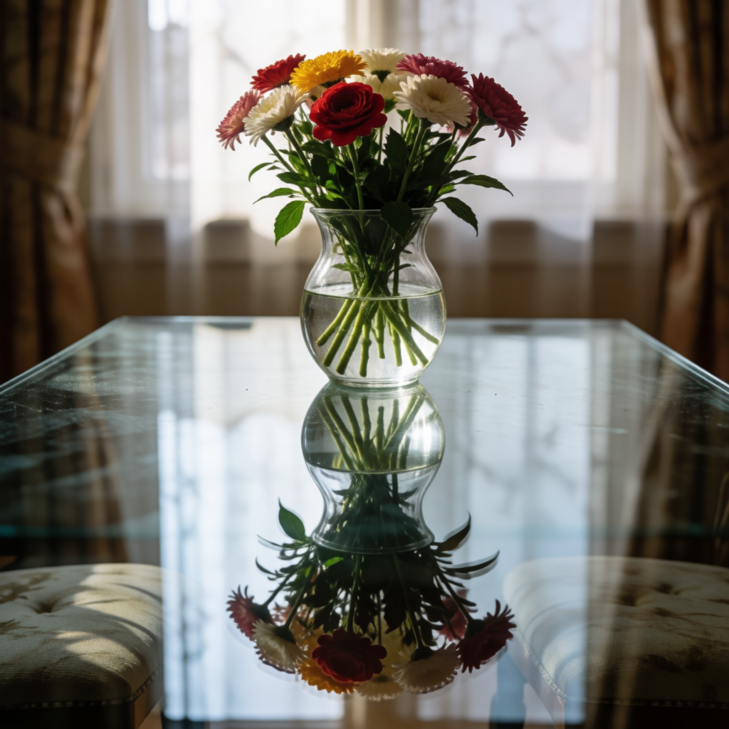 A vase of flowers on a glass table with a clear reflection v