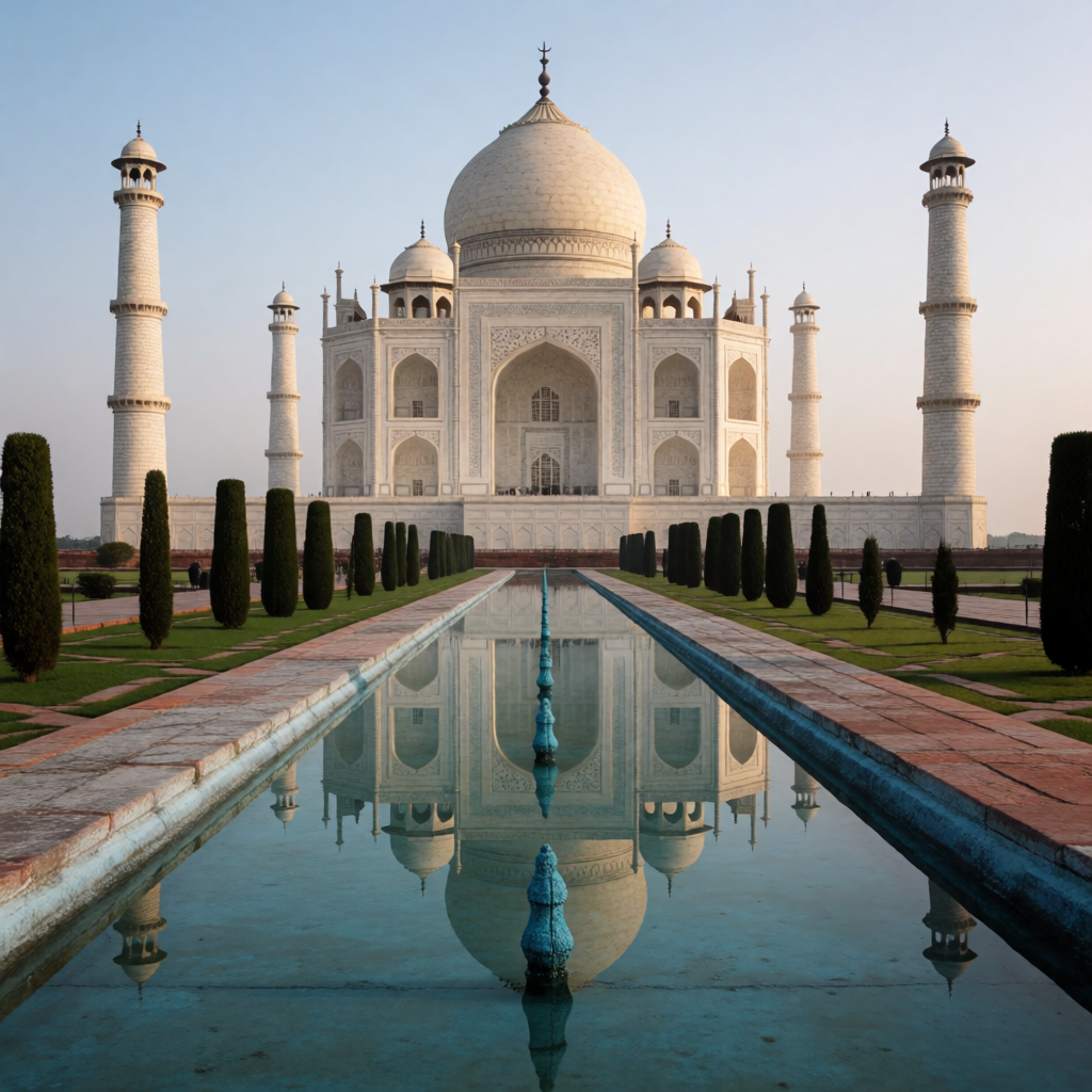 The Taj Mahal in Agra seen from the reflecting pool, with ac