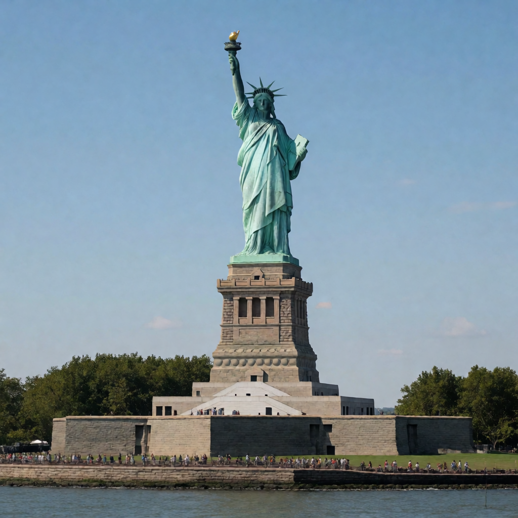 The Statue of Liberty on her island pedestal, with correct t