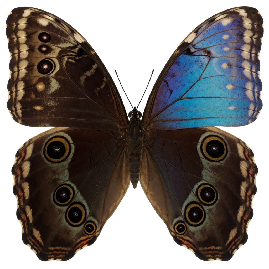 A Morpho menelaus butterfly with accurate iridescent blue do