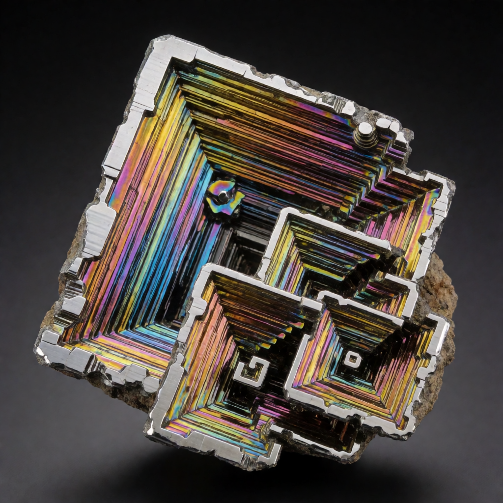 A specimen of bismuth crystal showing accurate iridescent ox