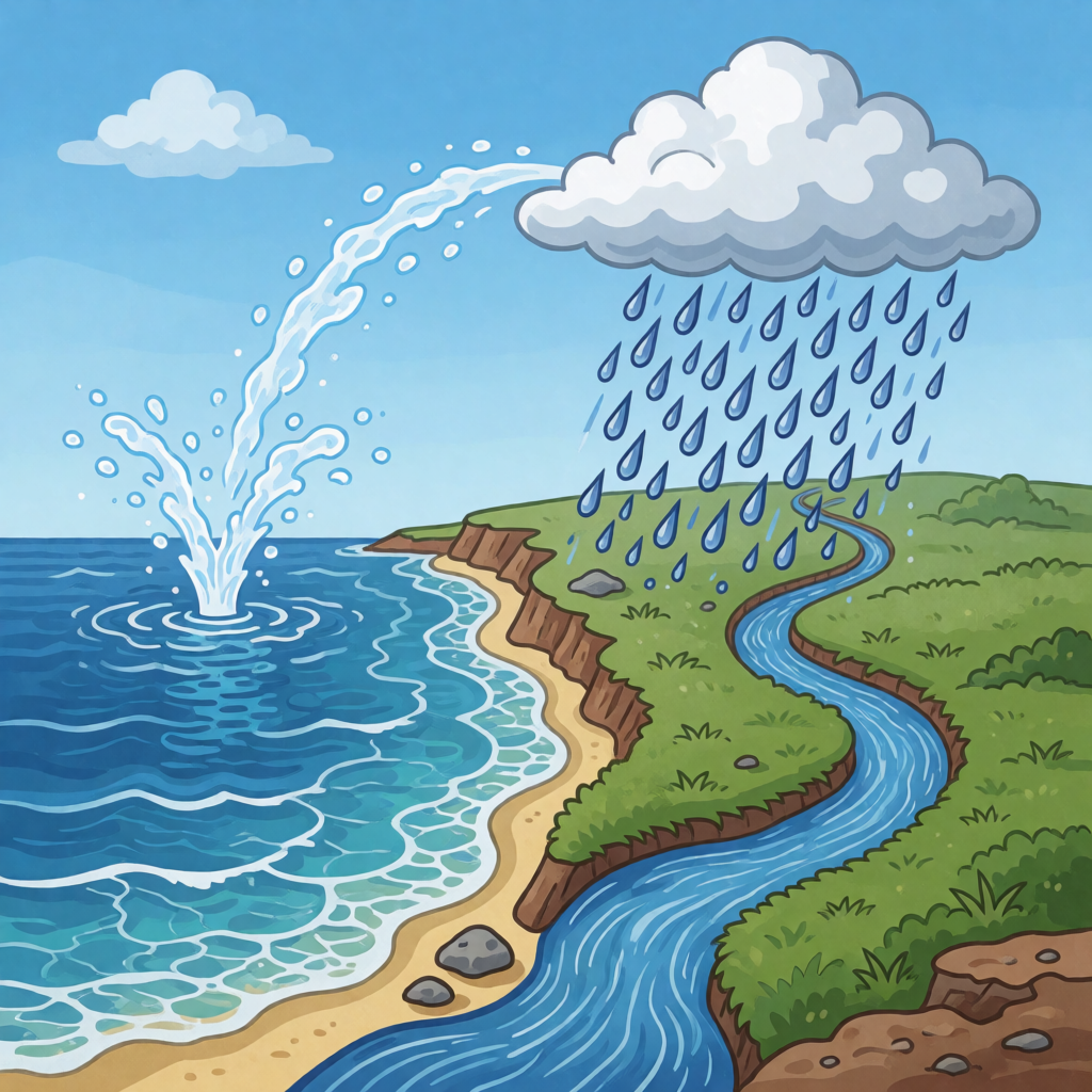 A detailed diagram of the water cycle showing evaporation fr