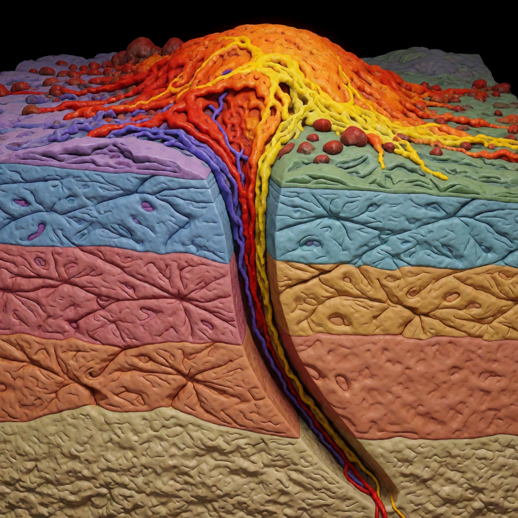A cross-section showing tectonic plates at a convergent boun