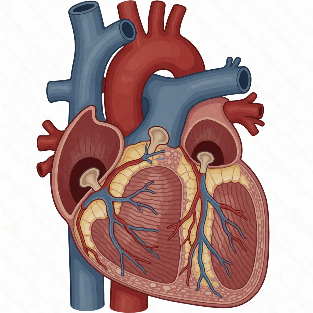 An anatomical illustration of the human heart showing four c