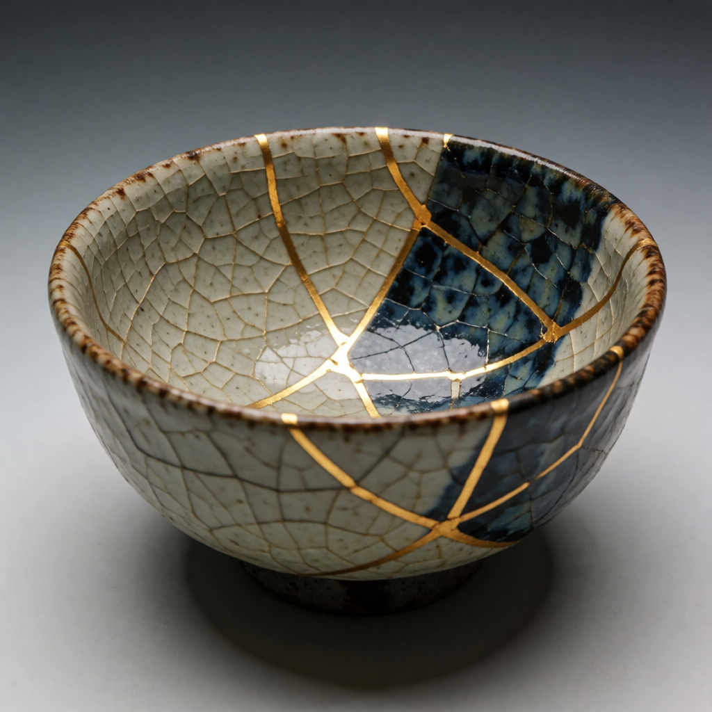 A Japanese kintsugi bowl — cracked ceramic repaired with vis