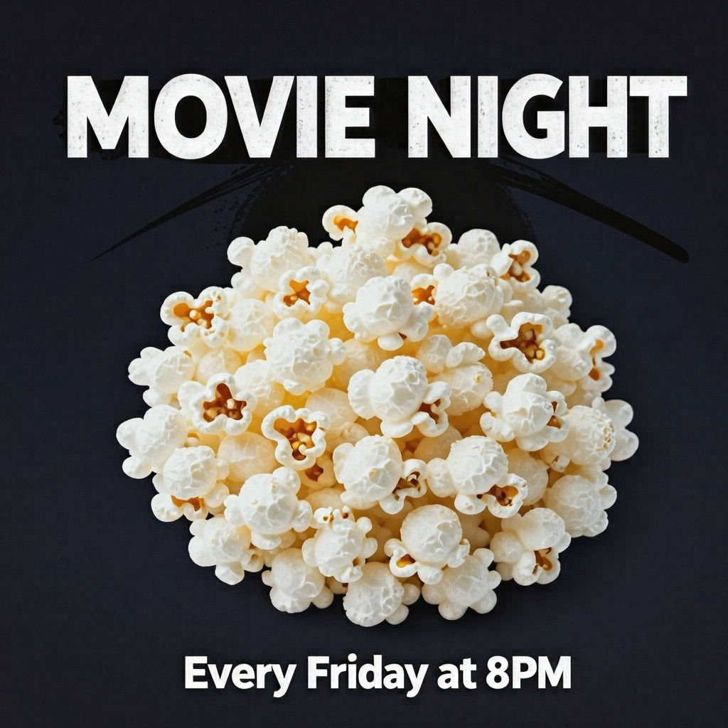 A movie night poster with a large popcorn image in the cente