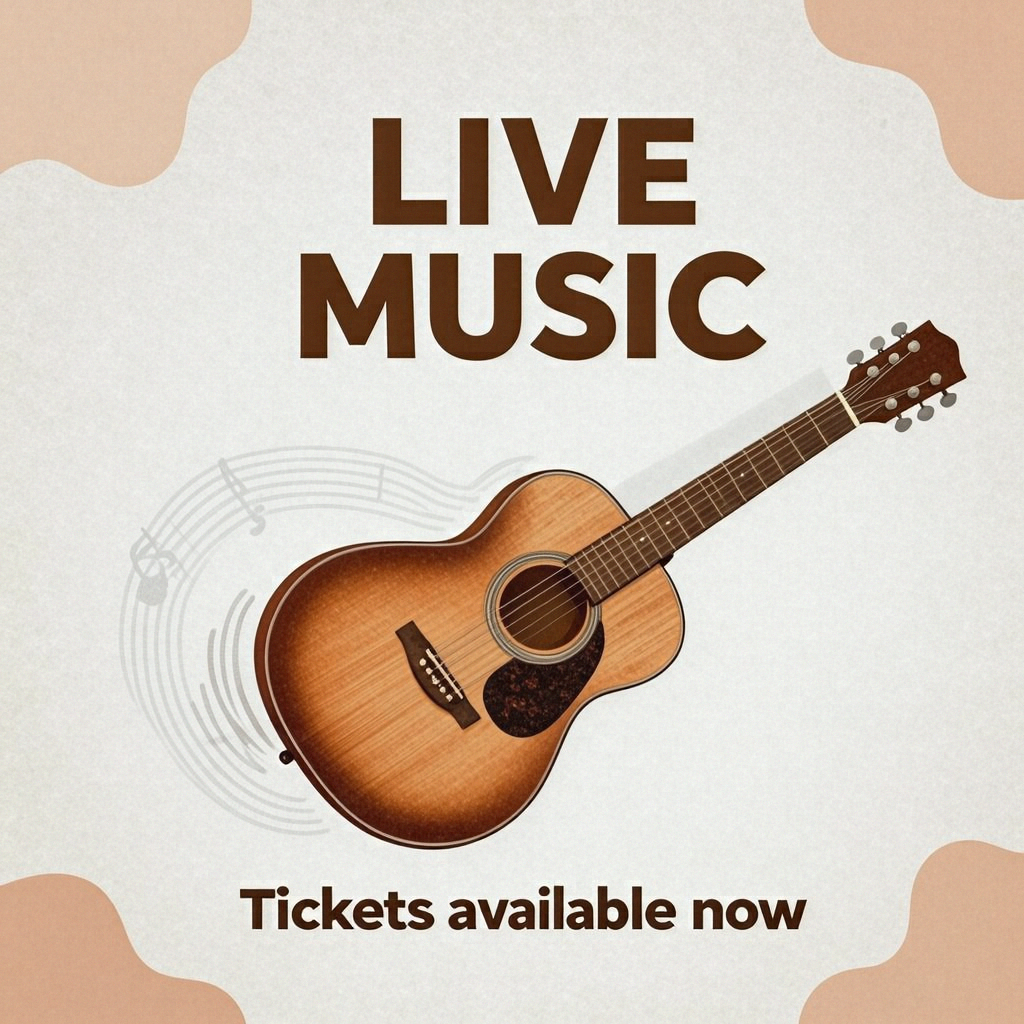 An event poster featuring a guitar illustration, the headlin