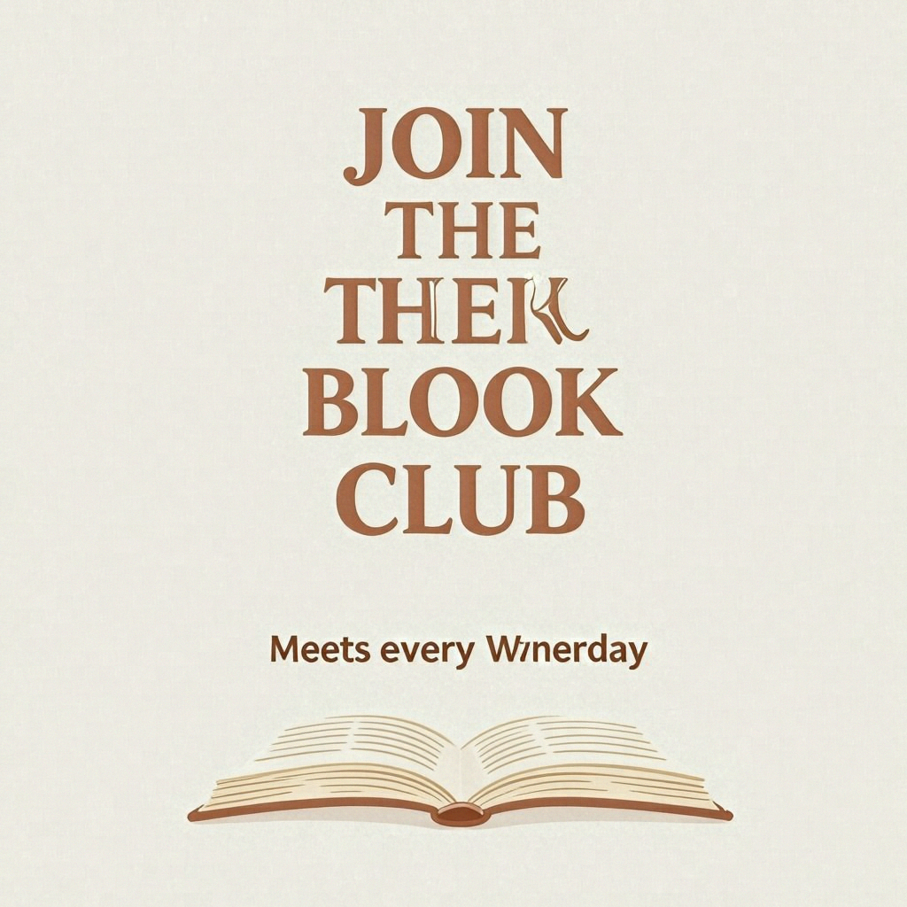 A book club poster with an open book illustration, the title