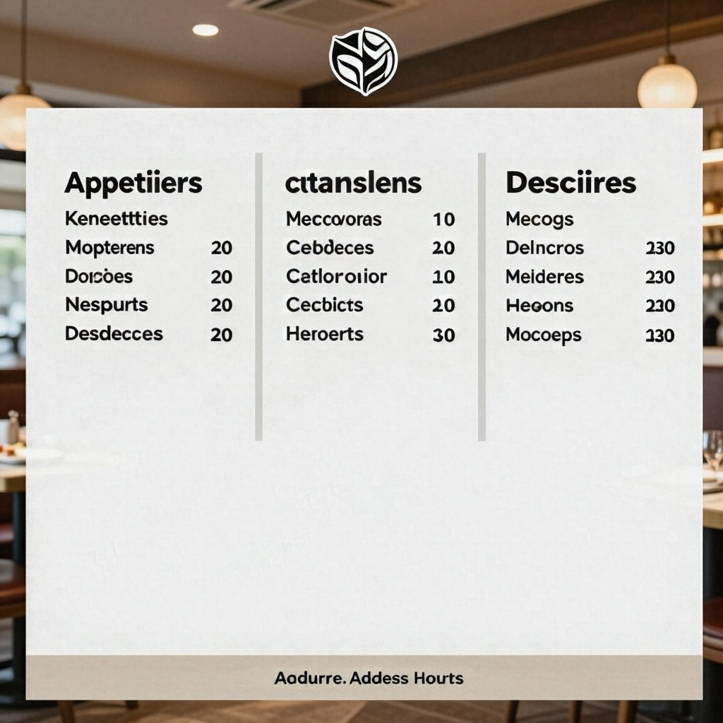 A restaurant menu layout with a logo header, three category 