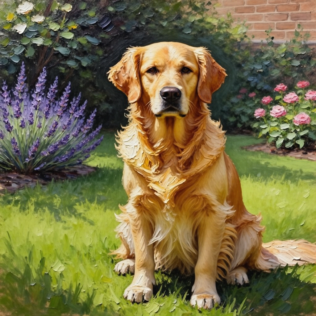A golden retriever sitting in a garden, painted in the style