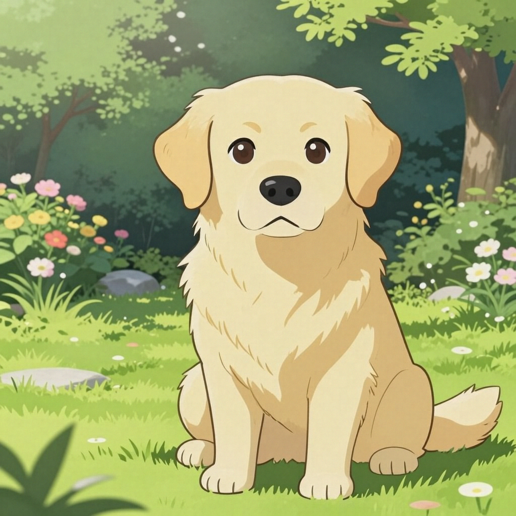 A golden retriever sitting in a garden, rendered in Japanese
