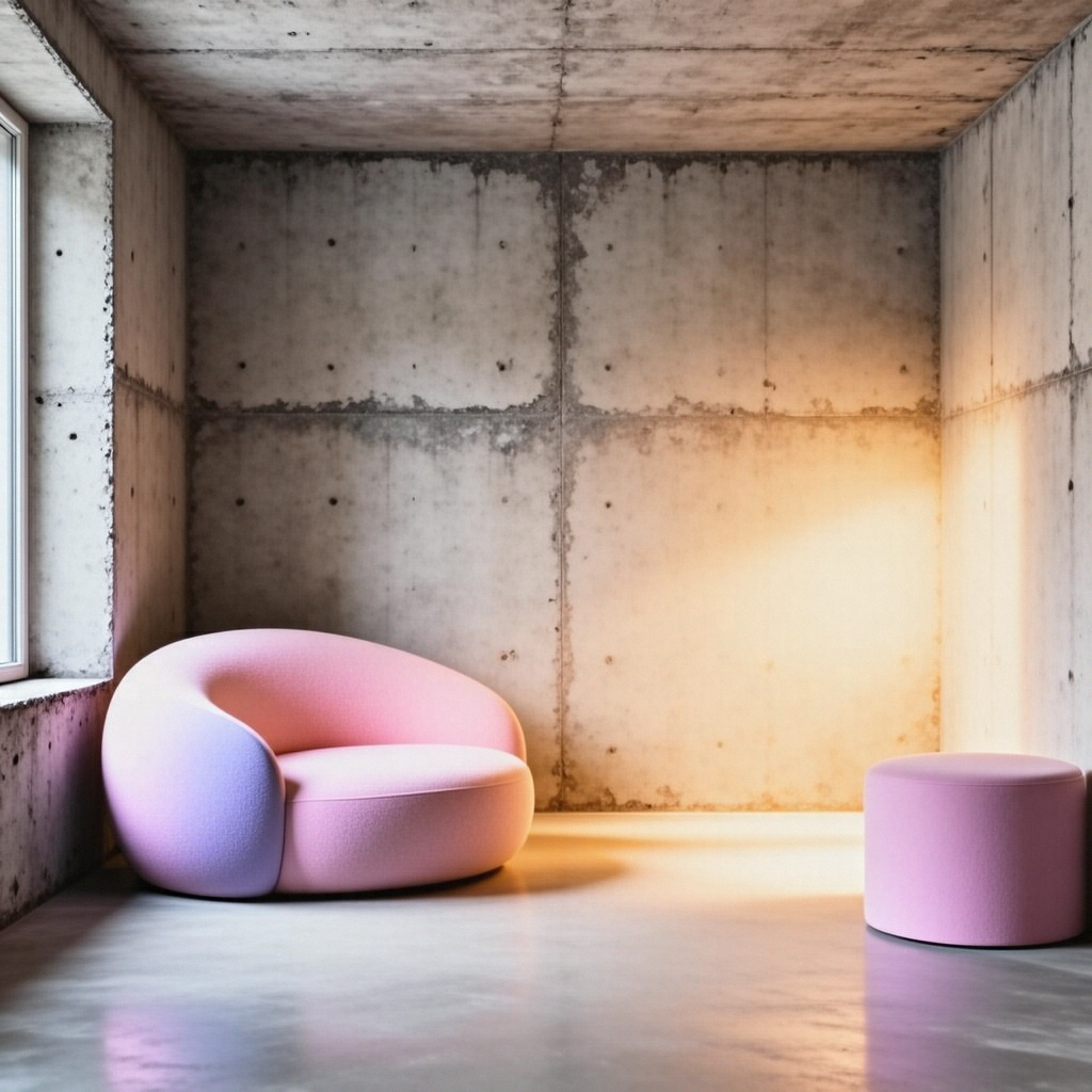 An interior scene rendered in soft brutalism — raw concrete 