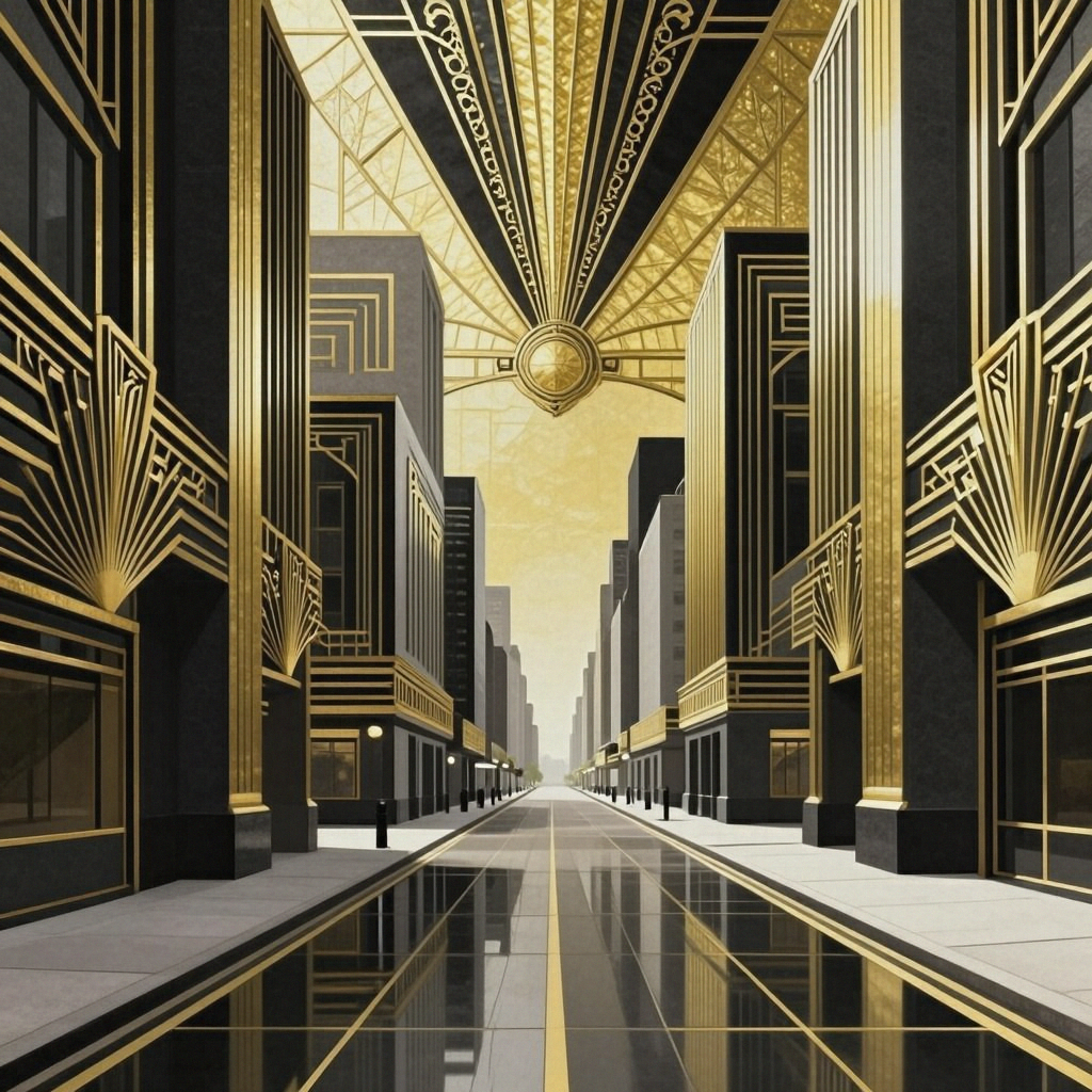 A city street scene in the style of Art Deco — geometric sha