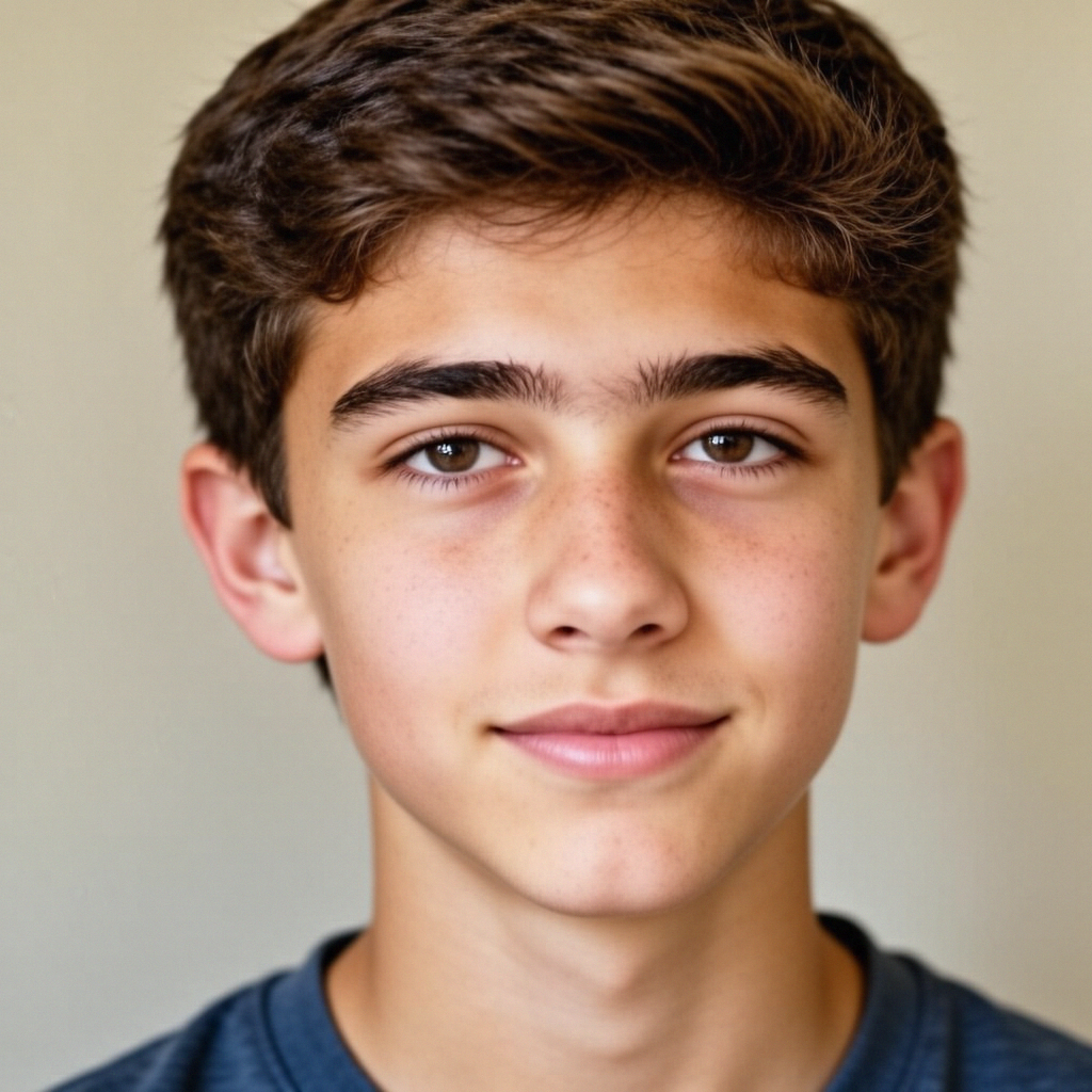 A headshot of a teenager with a relaxed, neutral face