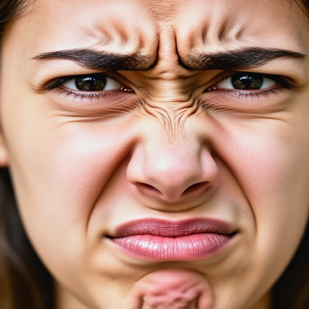 A close-up of a person's face showing clear disgust, nose wr