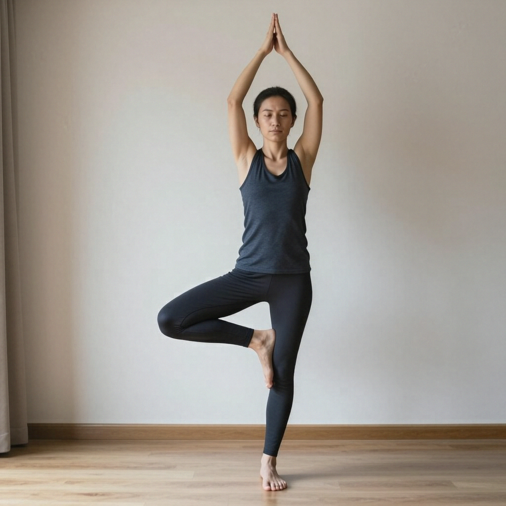 A person in a yoga tree pose — standing on one leg with the 