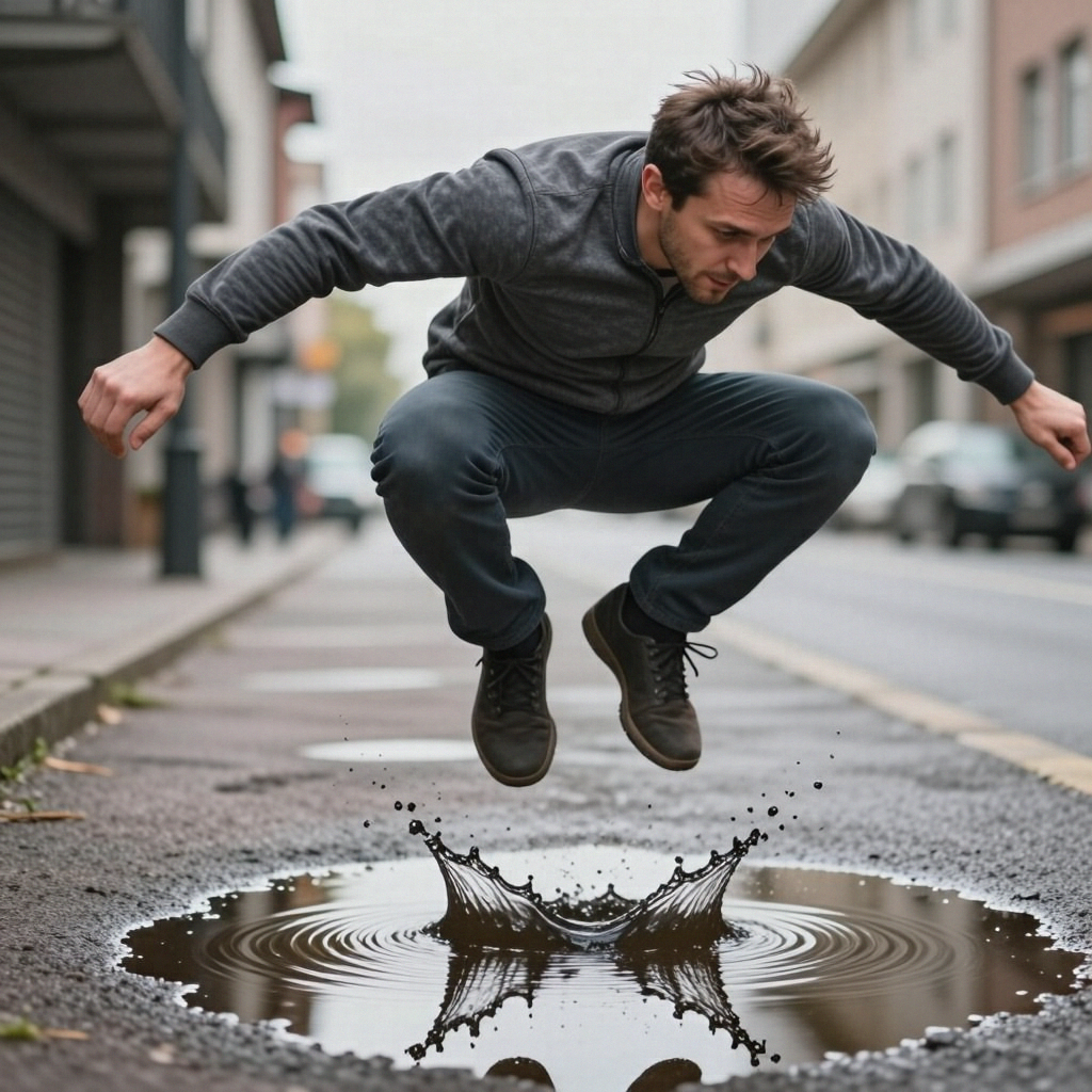 A man captured mid-jump over a puddle, body in the air with 