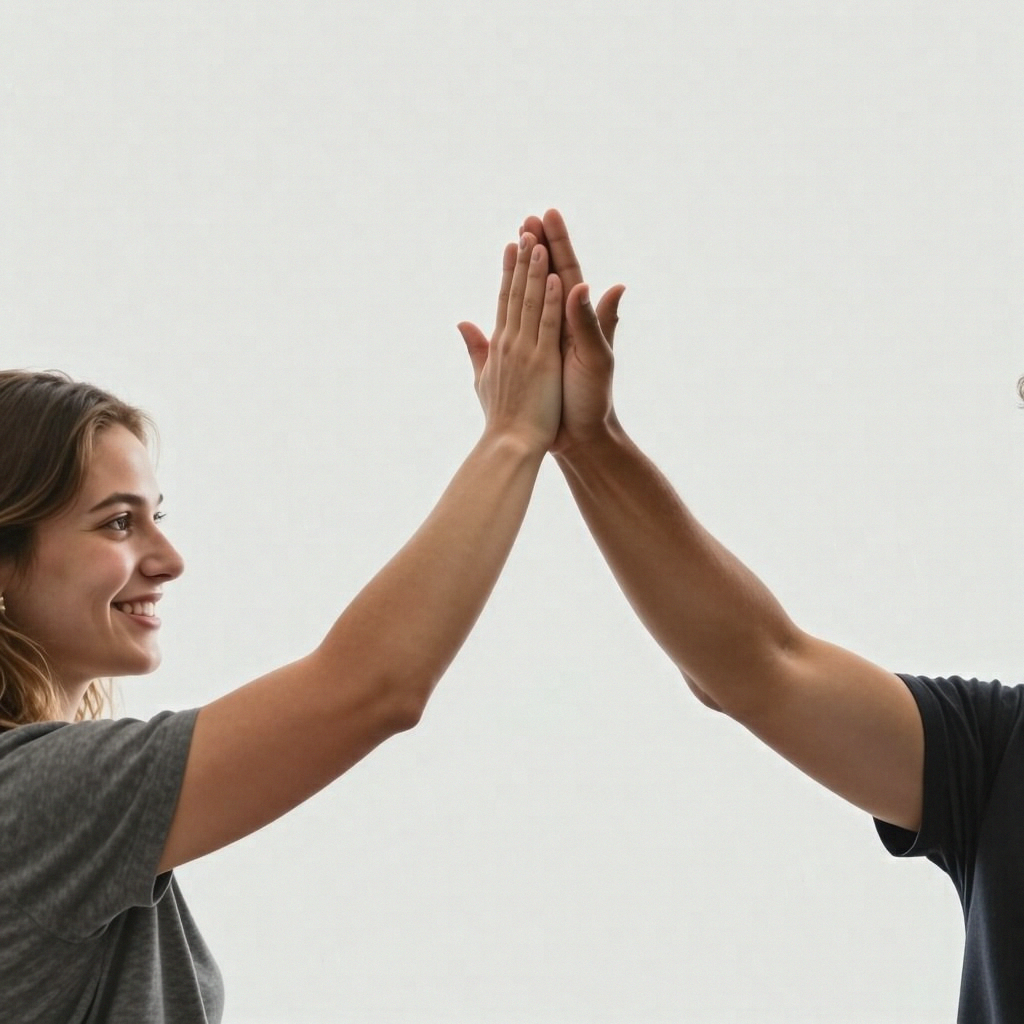 Two people doing a high-five, palms meeting with all fingers