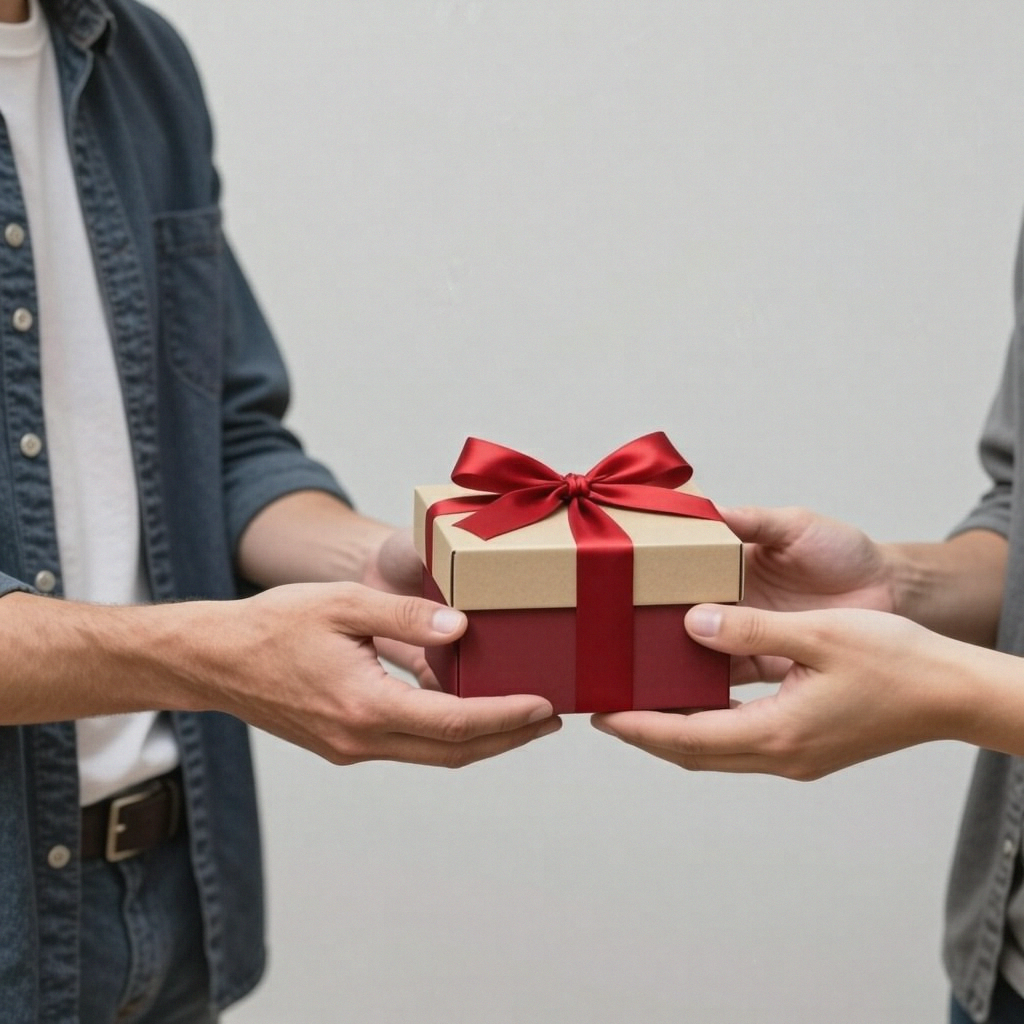 One person handing a small gift box to another person, both 