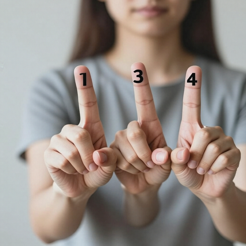 A person counting to three on their fingers, with index, mid