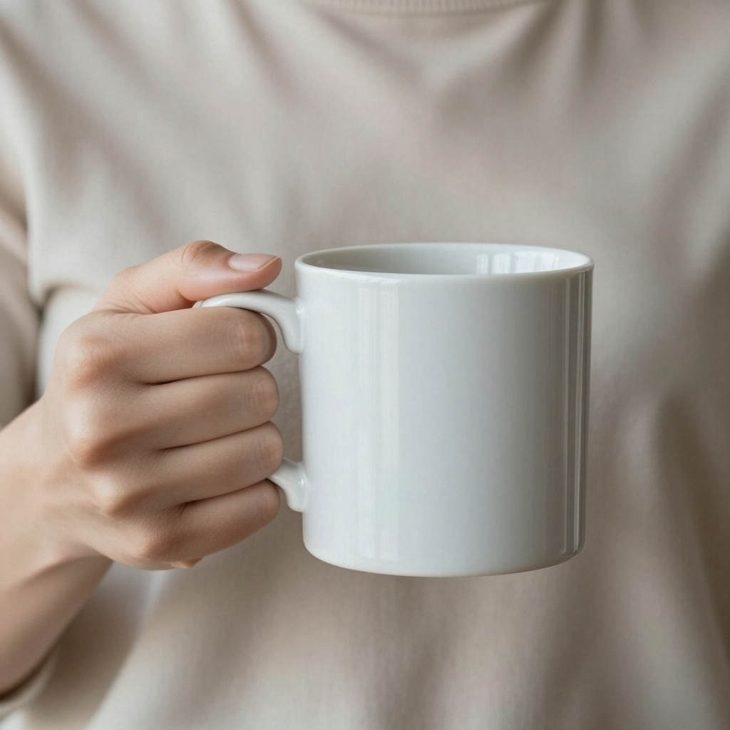 A person holding a white ceramic coffee mug by the handle wi