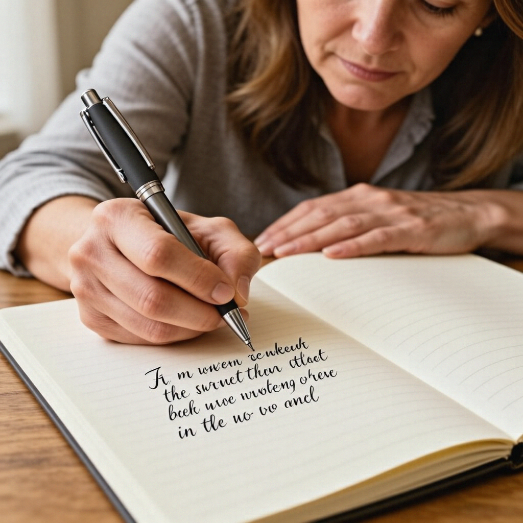 A woman writing in a notebook with a pen gripped correctly i