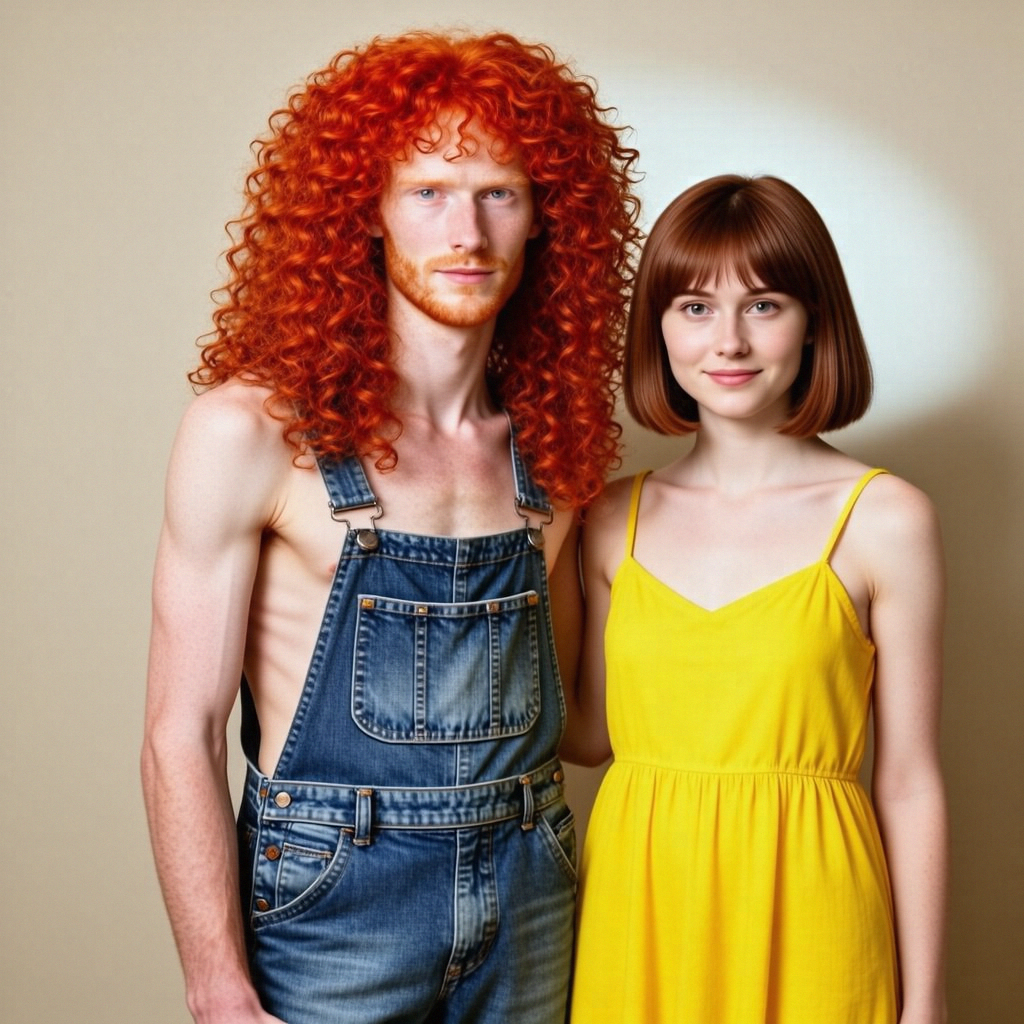 Two friends posing: one tall with curly red hair in denim ov