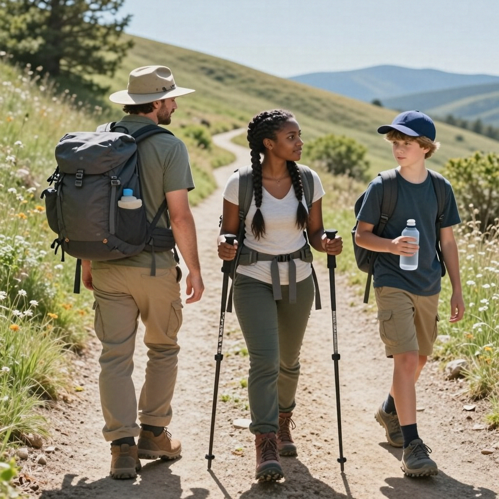 Three hikers on a trail: a man with a backpack and sunhat, a