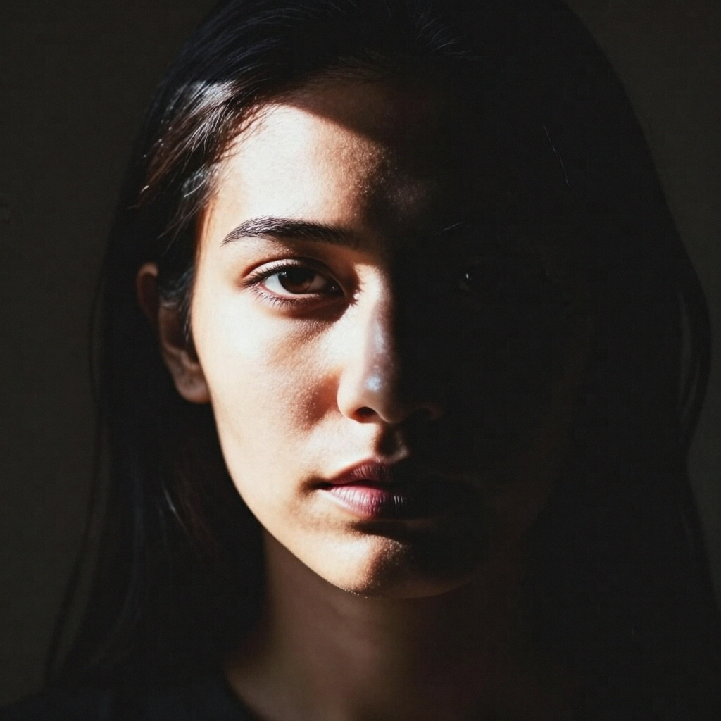 A portrait with dramatic split lighting — half the face brig