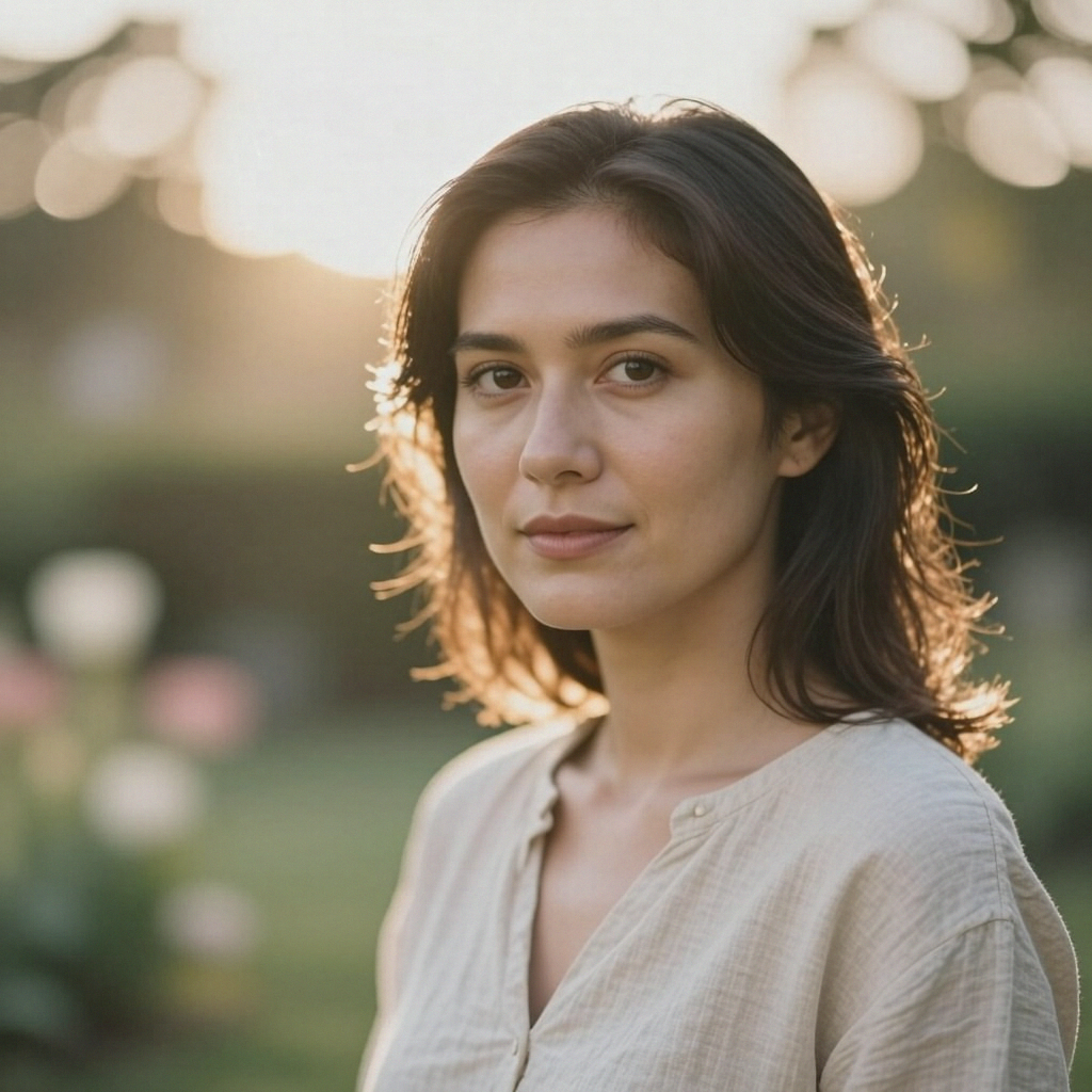 A portrait shot at 85mm f/1.4 with creamy bokeh background, 