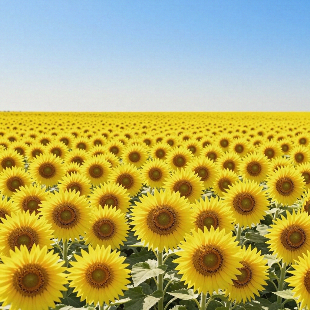 A field of pure sunflower yellow flowers under a clear blue 