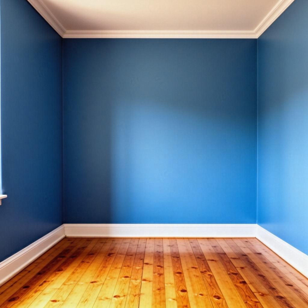 A room with walls in #4A90D9 (medium blue) with warm wooden 