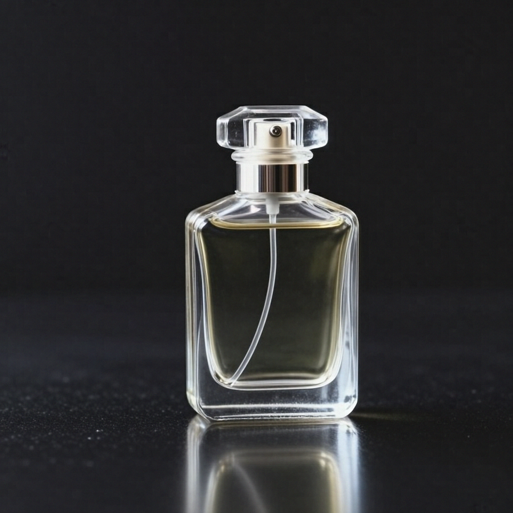 A clear glass perfume bottle on a reflective black surface w