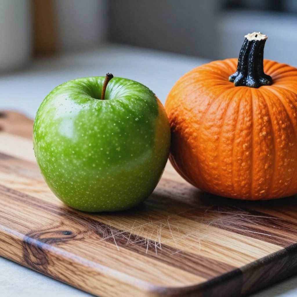 A green apple and an orange pumpkin on a wooden cutting boar
