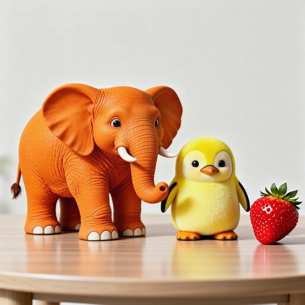 An orange elephant, a yellow penguin, and a silver strawberr