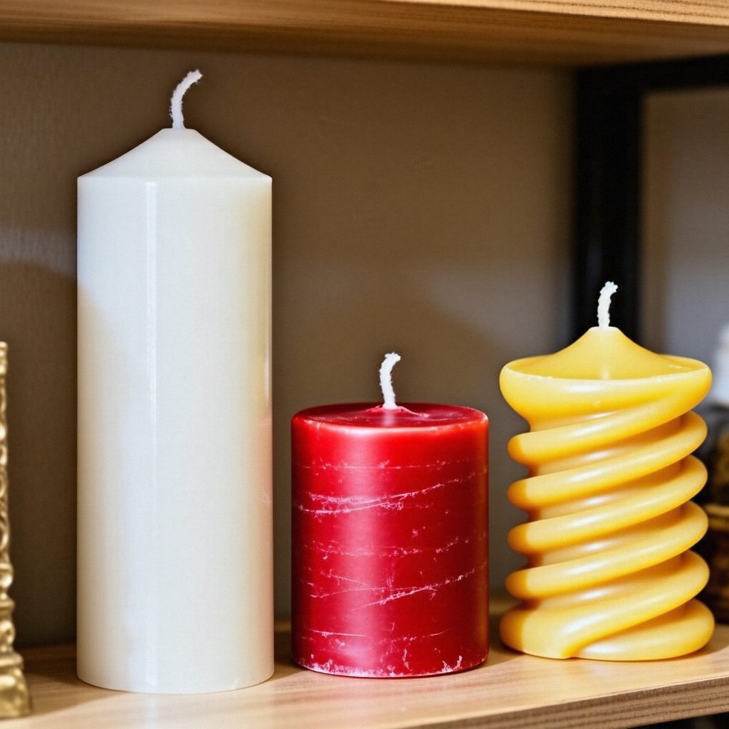 A tall thin white candle, a short fat red candle, and a medi
